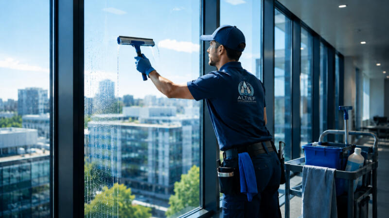 Glasreinigung Fensterputzer mit Blick auf die Stadt